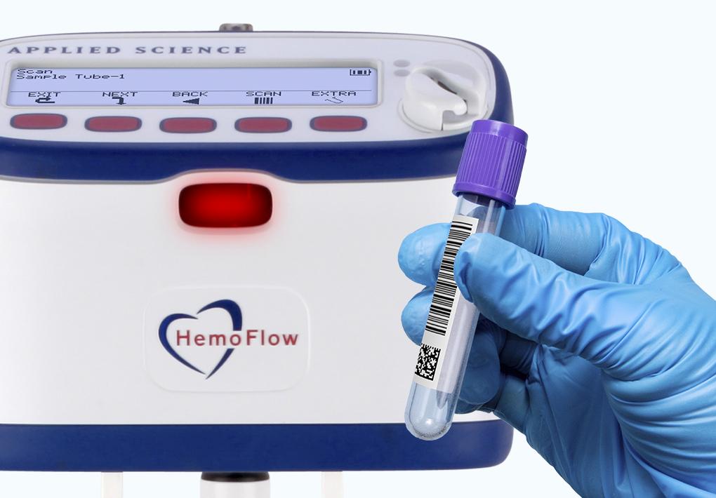 The HemoFlow whole blood collection scale and mixer cableless integrated barcode scanner