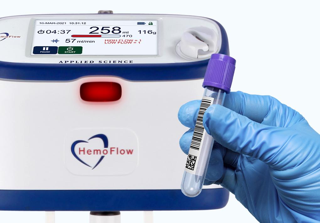 The HemoFlow whole blood collection scale and mixer cableless integrated barcode scanner